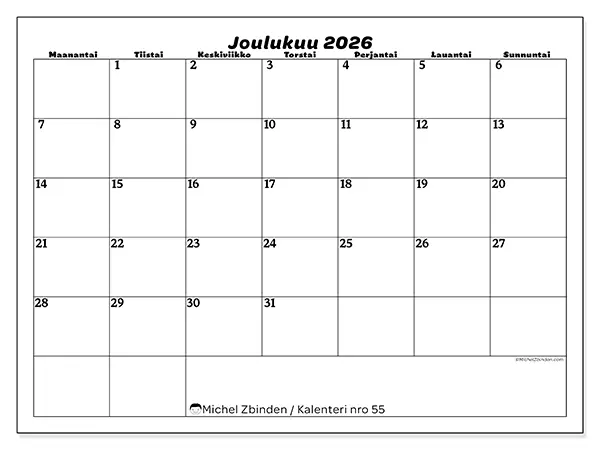 tulostettava kalenteri Joulukuu 2026 - Vapaa-ajan suunnittelu