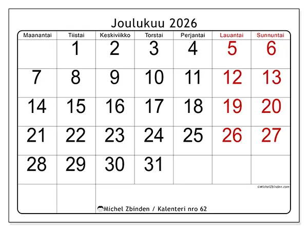 tulostettava kalenteri Joulukuu 2026 - Nopea yleiskuva