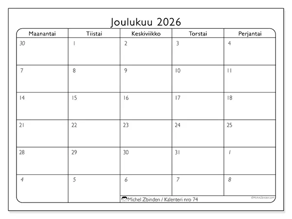 tulostettava kalenteri Joulukuu 2026 - Työpäivät