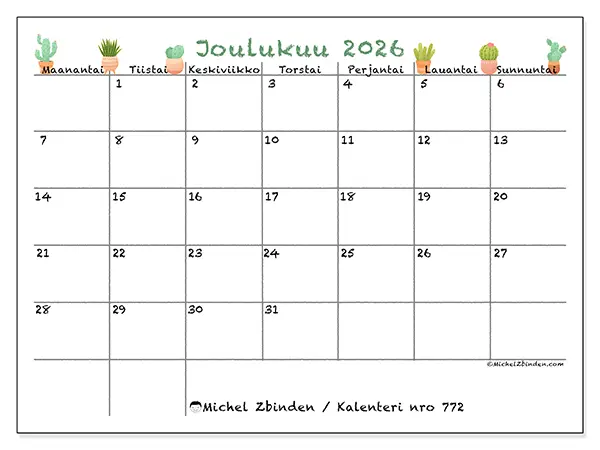 tulostettava kalenteri Joulukuu 2026 - Koristeelliset kaktukset