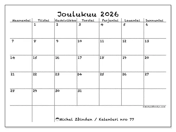 tulostettava kalenteri Joulukuu 2026 - Koulu ja perhe