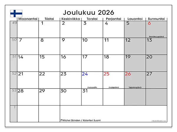 tulostettava kalenteri Joulukuu 2026 - Suomi