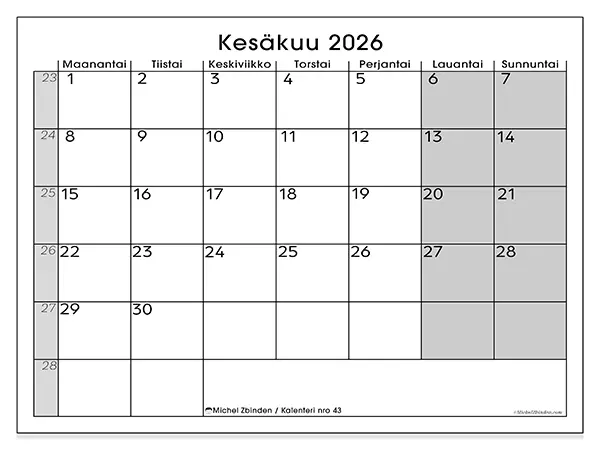 tulostettava kalenteri Kesäkuu 2026 - Selkeä yleiskuva