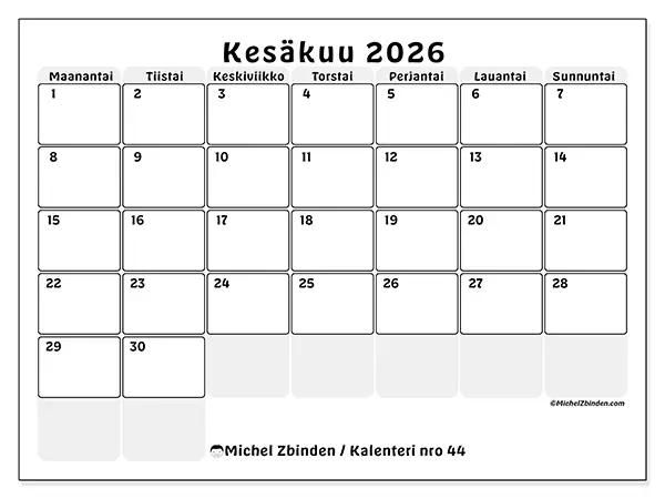 tulostettava kalenteri Kesäkuu 2026 - Rakenteinen suunnittelu
