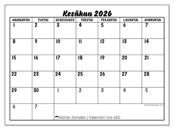 tulostettava kalenteri Kesäkuu 2026 - Yksityiskohtainen malli