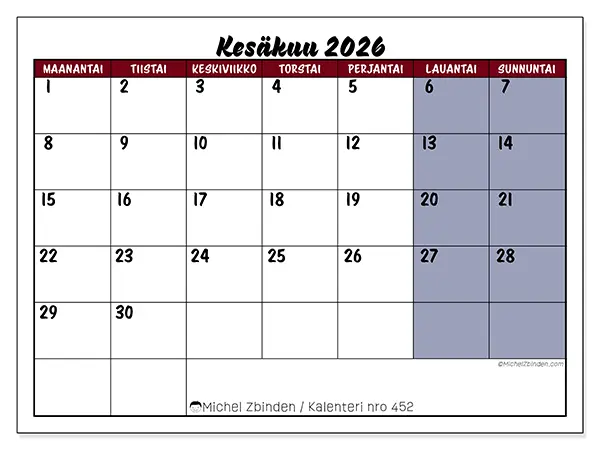 tulostettava kalenteri Kesäkuu 2026 - Tehtävät väreissä