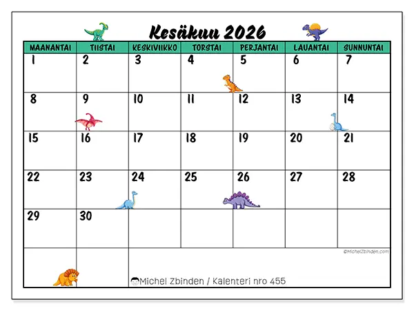 tulostettava kalenteri Kesäkuu 2026 - Pienet dinosaurukset