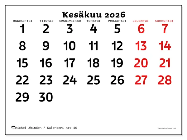 tulostettava kalenteri Kesäkuu 2026 - Selkeä näkymä