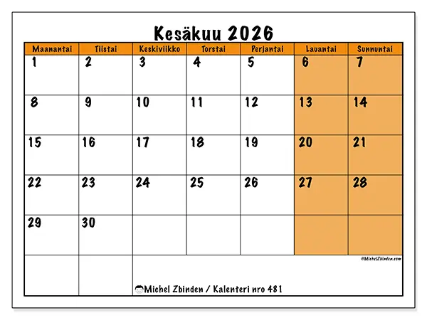 tulostettava kalenteri Kesäkuu 2026 - Dynaaminen suunnittelu
