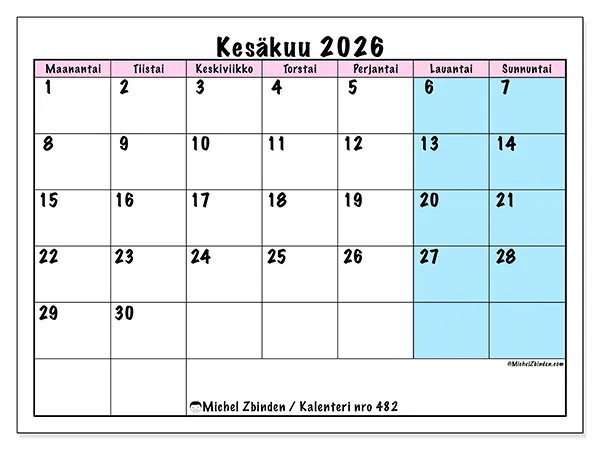 tulostettava kalenteri Kesäkuu 2026 - Tiimin aikataulu
