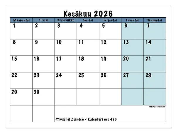 tulostettava kalenteri Kesäkuu 2026 - Koulun rakenne