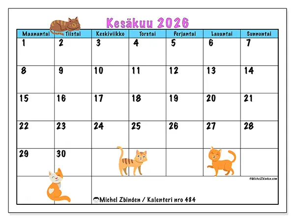 tulostettava kalenteri Kesäkuu 2026 - Rakkaus kissoihin