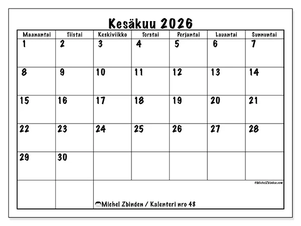 tulostettava kalenteri Kesäkuu 2026