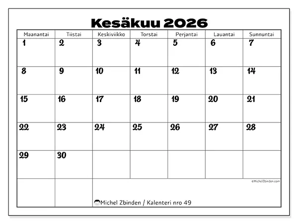 tulostettava kalenteri Kesäkuu 2026 - Työn koordinointi
