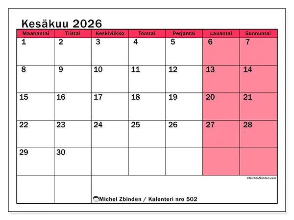 tulostettava kalenteri Kesäkuu 2026 - Valoisa hallinta