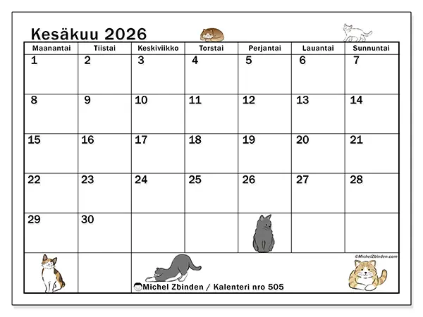 tulostettava kalenteri Kesäkuu 2026 - Kissan elämä
