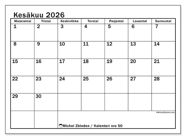 tulostettava kalenteri Kesäkuu 2026 - Selkeä kuukausisuunnittelu