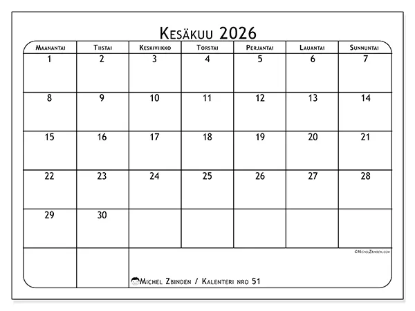 tulostettava kalenteri Kesäkuu 2026 - Ateriasuunnittelija