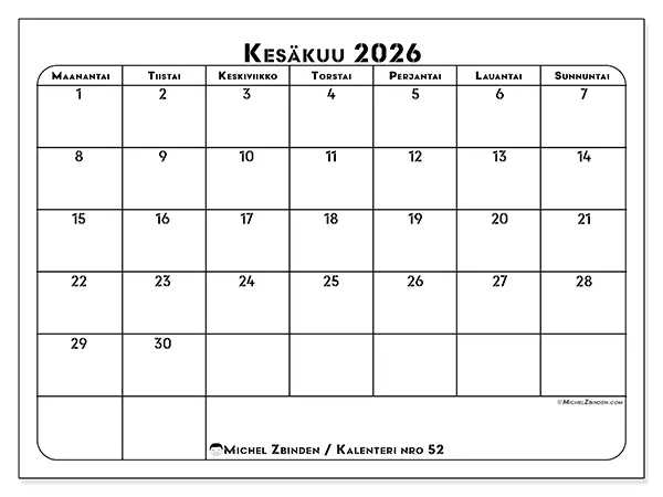 tulostettava kalenteri Kesäkuu 2026 - Työn suunnittelu