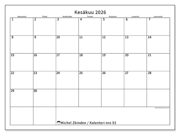 tulostettava kalenteri Kesäkuu 2026 - Selkeä aikataulu