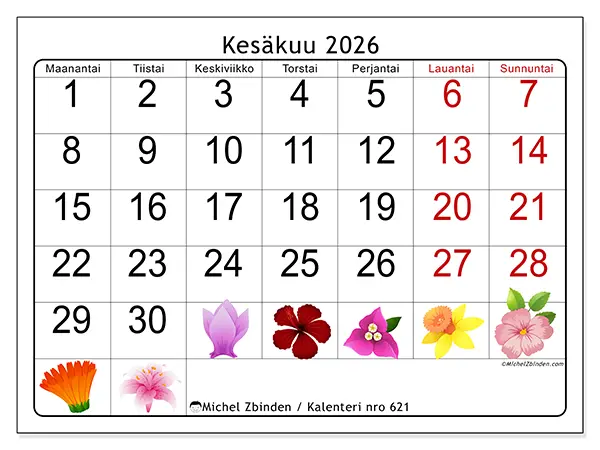 tulostettava kalenteri Kesäkuu 2026 - Suuret kukat