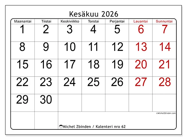 tulostettava kalenteri Kesäkuu 2026 - Nopea yleiskuva