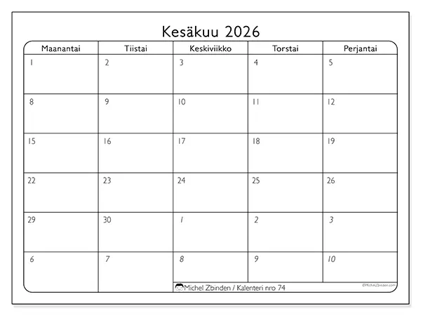 tulostettava kalenteri Kesäkuu 2026 - Työpäivät