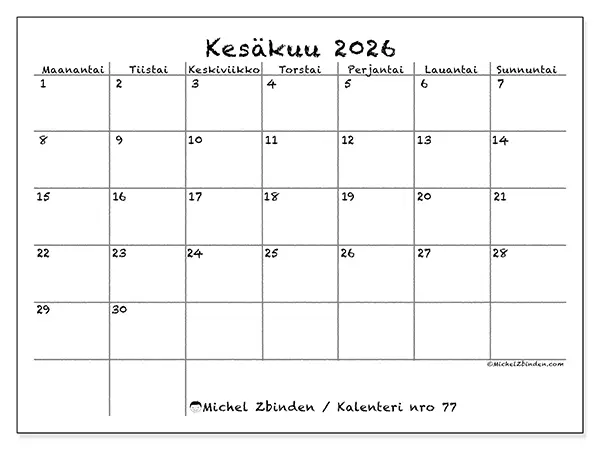 tulostettava kalenteri Kesäkuu 2026 - Koulu ja perhe