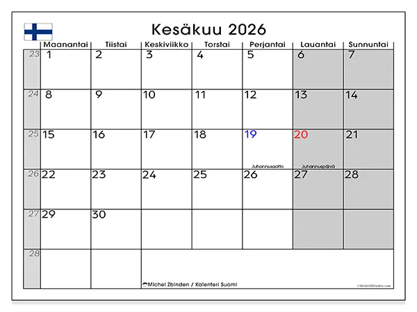 tulostettava kalenteri Kesäkuu 2026 - Suomi