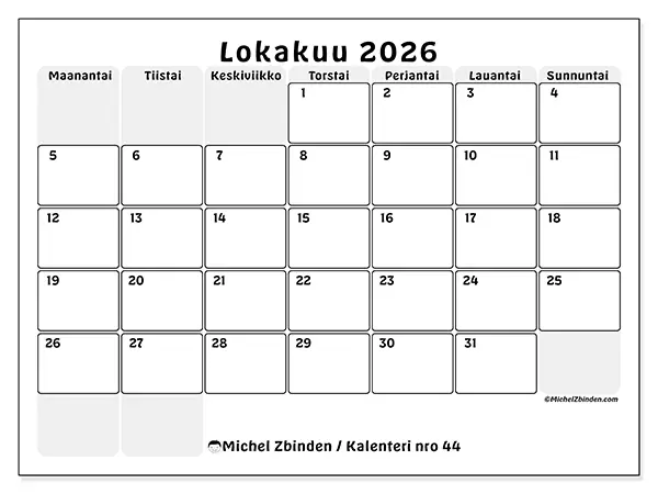 tulostettava kalenteri Lokakuu 2026 - Rakenteinen suunnittelu