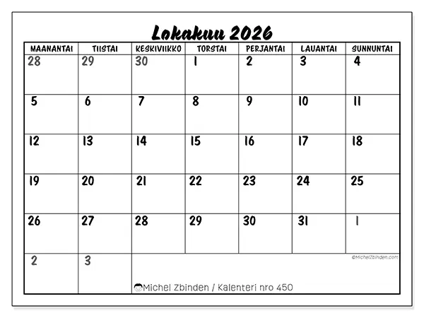 tulostettava kalenteri Lokakuu 2026 - Yksityiskohtainen malli