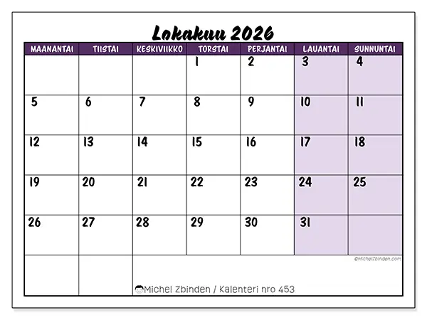 tulostettava kalenteri Lokakuu 2026 - Värikkäät tehtävät