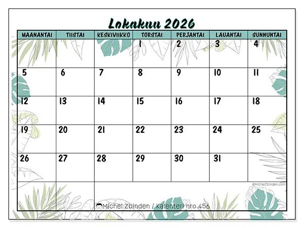 tulostettava kalenteri Lokakuu 2026