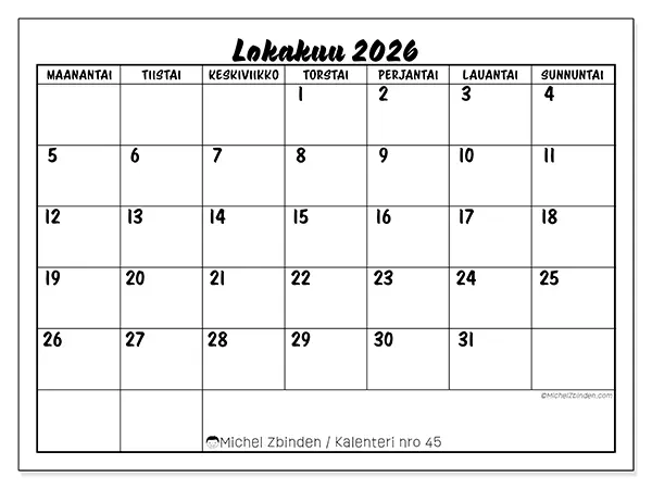 tulostettava kalenteri Lokakuu 2026 - Koulumenestys