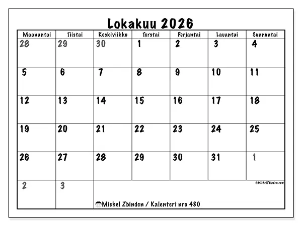 tulostettava kalenteri Lokakuu 2026 - Kattava suunnittelu