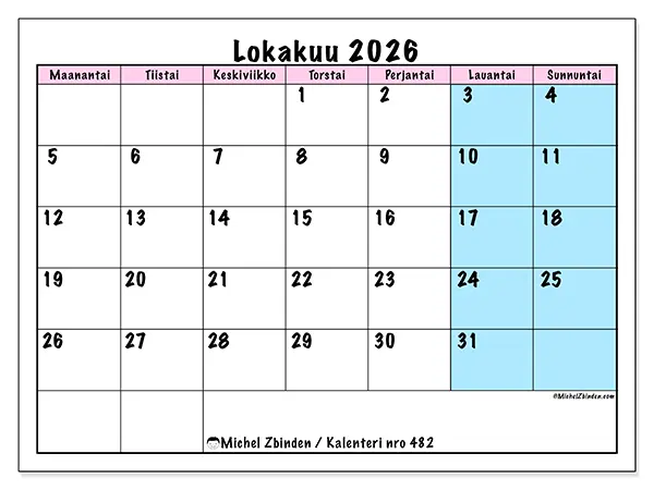 tulostettava kalenteri Lokakuu 2026 - Tiimin aikataulu