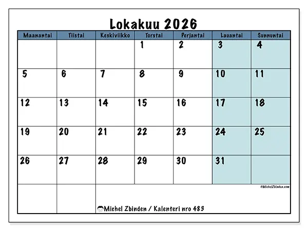 tulostettava kalenteri Lokakuu 2026 - Koulun rakenne