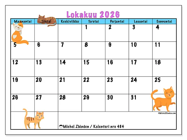 tulostettava kalenteri Lokakuu 2026 - Rakkaus kissoihin
