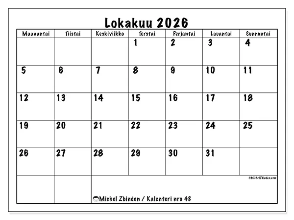 tulostettava kalenteri Lokakuu 2026 - Arjen suunnittelu