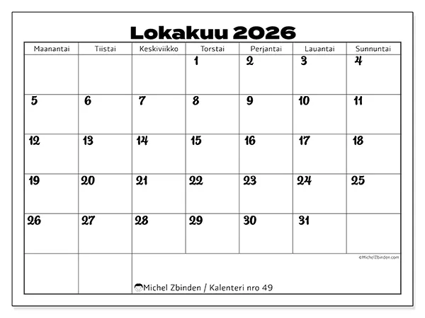 tulostettava kalenteri Lokakuu 2026 - Työn koordinointi