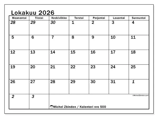 tulostettava kalenteri Lokakuu 2026 - Intensiivinen suunnittelu