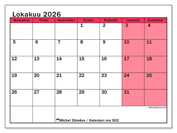 tulostettava kalenteri Lokakuu 2026 - Valoisa hallinta