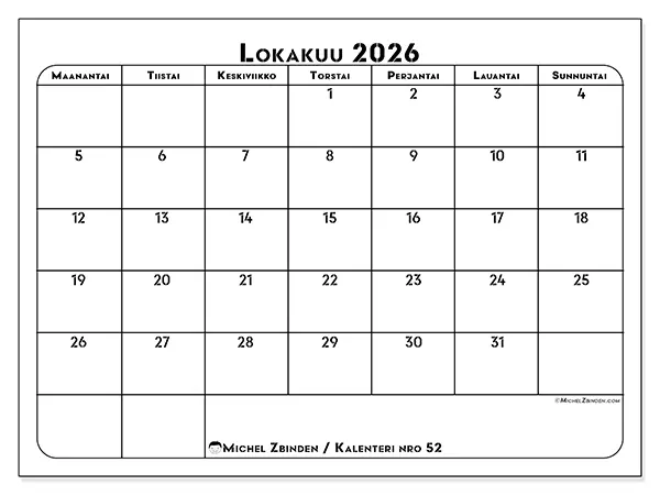 tulostettava kalenteri Lokakuu 2026 - Työn suunnittelu