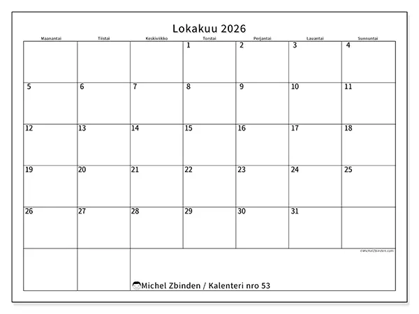 tulostettava kalenteri Lokakuu 2026 - Selkeä aikataulu