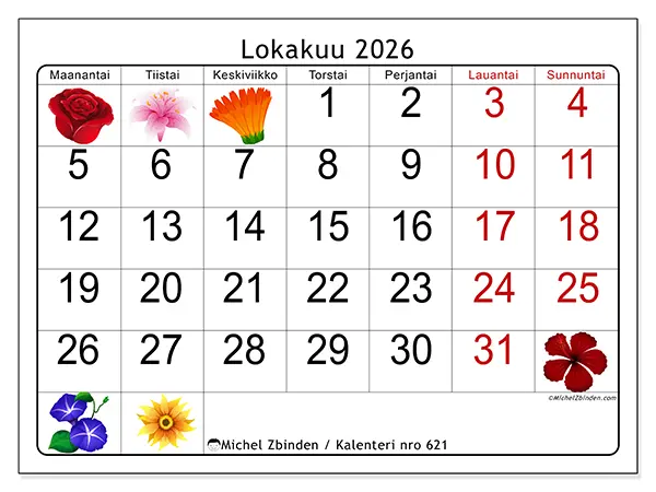tulostettava kalenteri Lokakuu 2026 - Suuret kukat