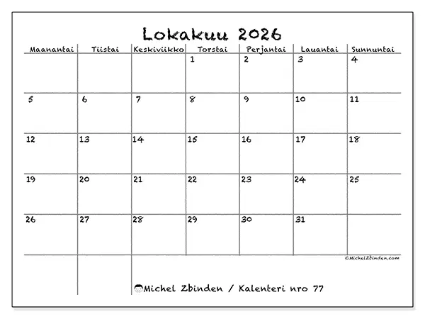 tulostettava kalenteri Lokakuu 2026 - Koulu ja perhe