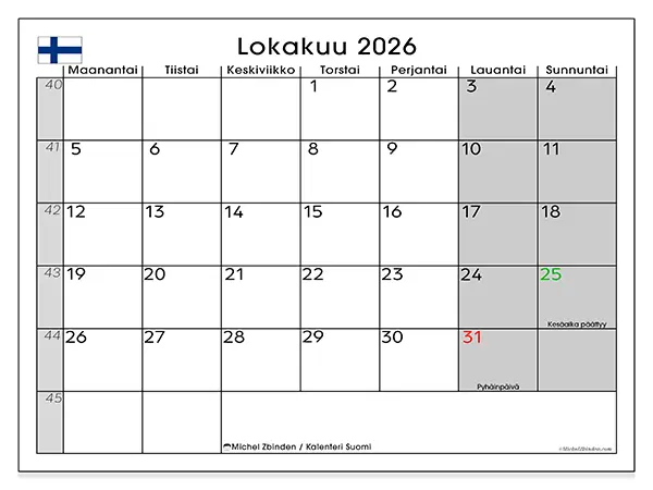 tulostettava kalenteri Lokakuu 2026 - Suomi