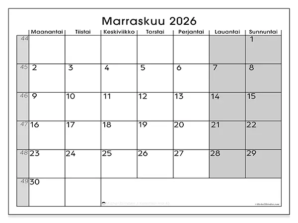 tulostettava kalenteri Marraskuu 2026 - Selkeä yleiskuva