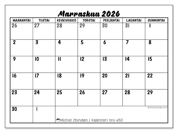 tulostettava kalenteri Marraskuu 2026 - Yksityiskohtainen malli