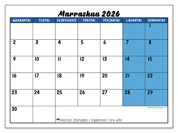 tulostettava kalenteri Marraskuu 2026 - Sininen yleiskuva